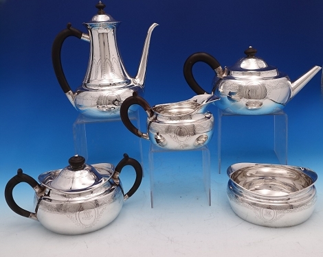 Tea Set 5 pc Coffee Pot 24.3 oz Teapot 28.4 oz Sugar Bowl 15.0 oz Creamer 7.8 oz Waste Bowl 18.1 oz sku# 9056-h-m - Winthrop by Tiffany - Sterling